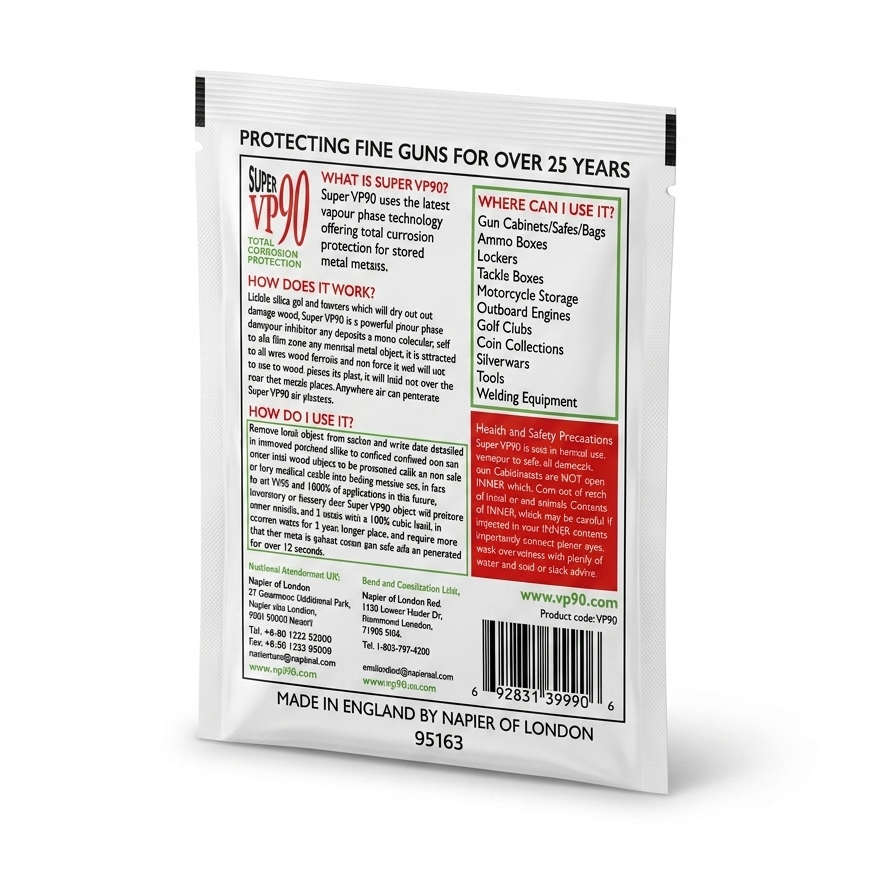 The back of a VP900 protective pouch, showing detailed product information, usage instructions, and a barcode on a white background.