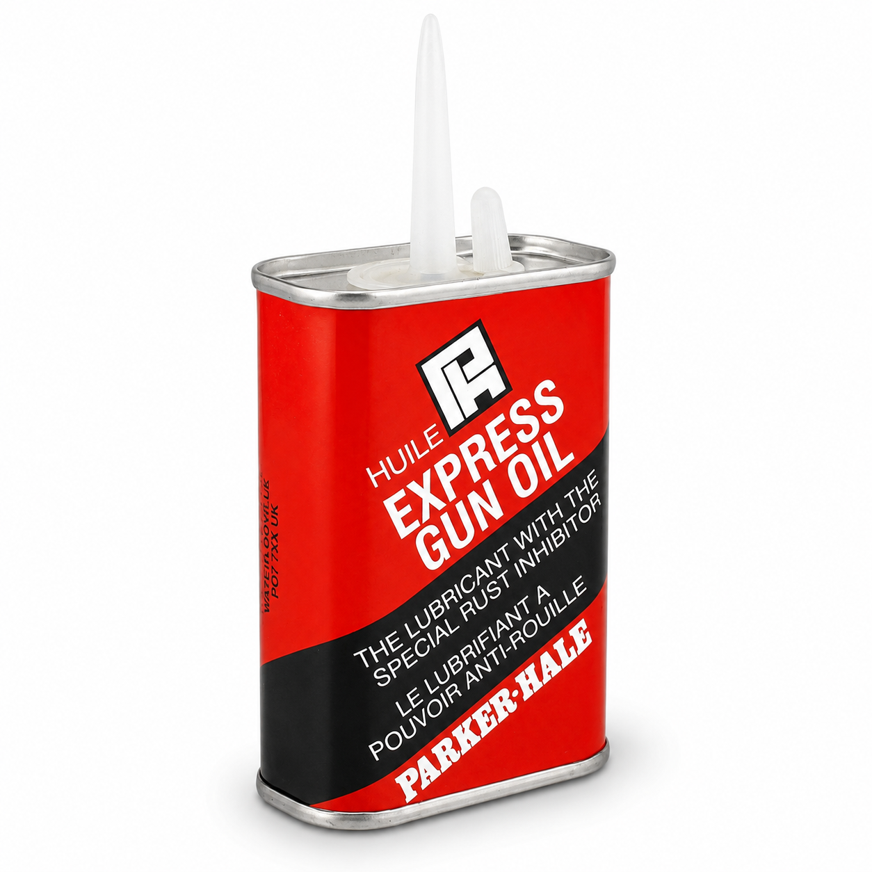 A red tin of Parker Hale Express Gun Oil with a white cap, designed for cleaning shotguns and rifles.