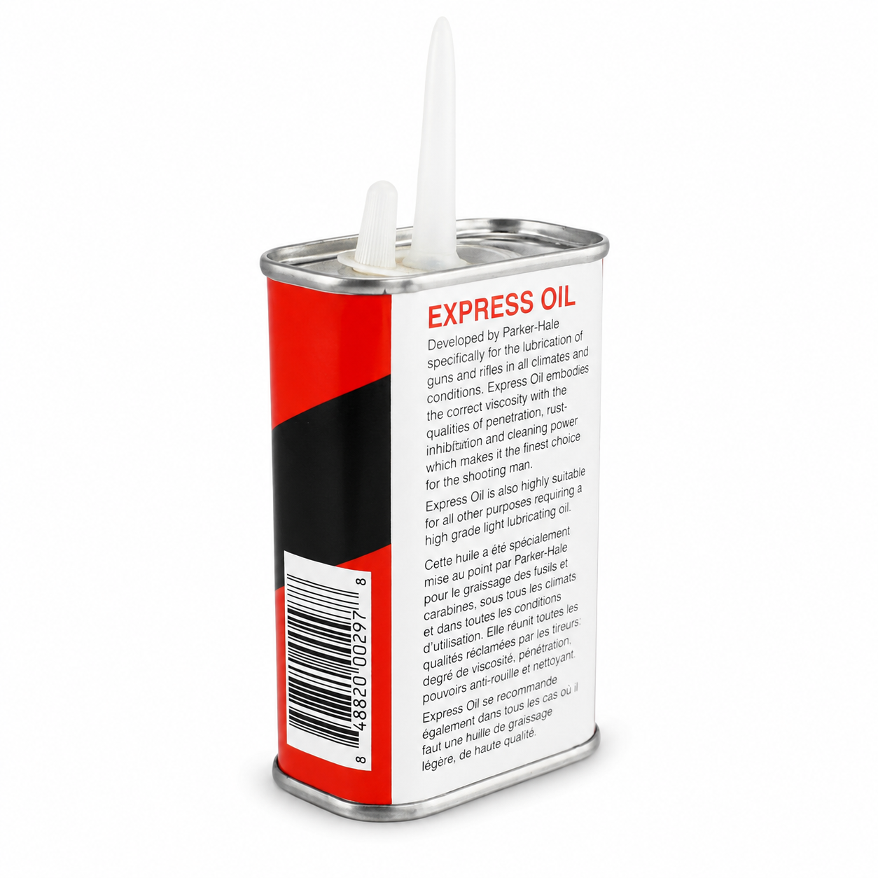 A metal can of Express Oil lubricating oil with a white plastic nozzle, featuring a red and white label with product details