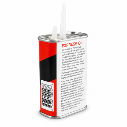 A metal can of Express Oil lubricating oil with a white plastic nozzle, featuring a red and white label with product details