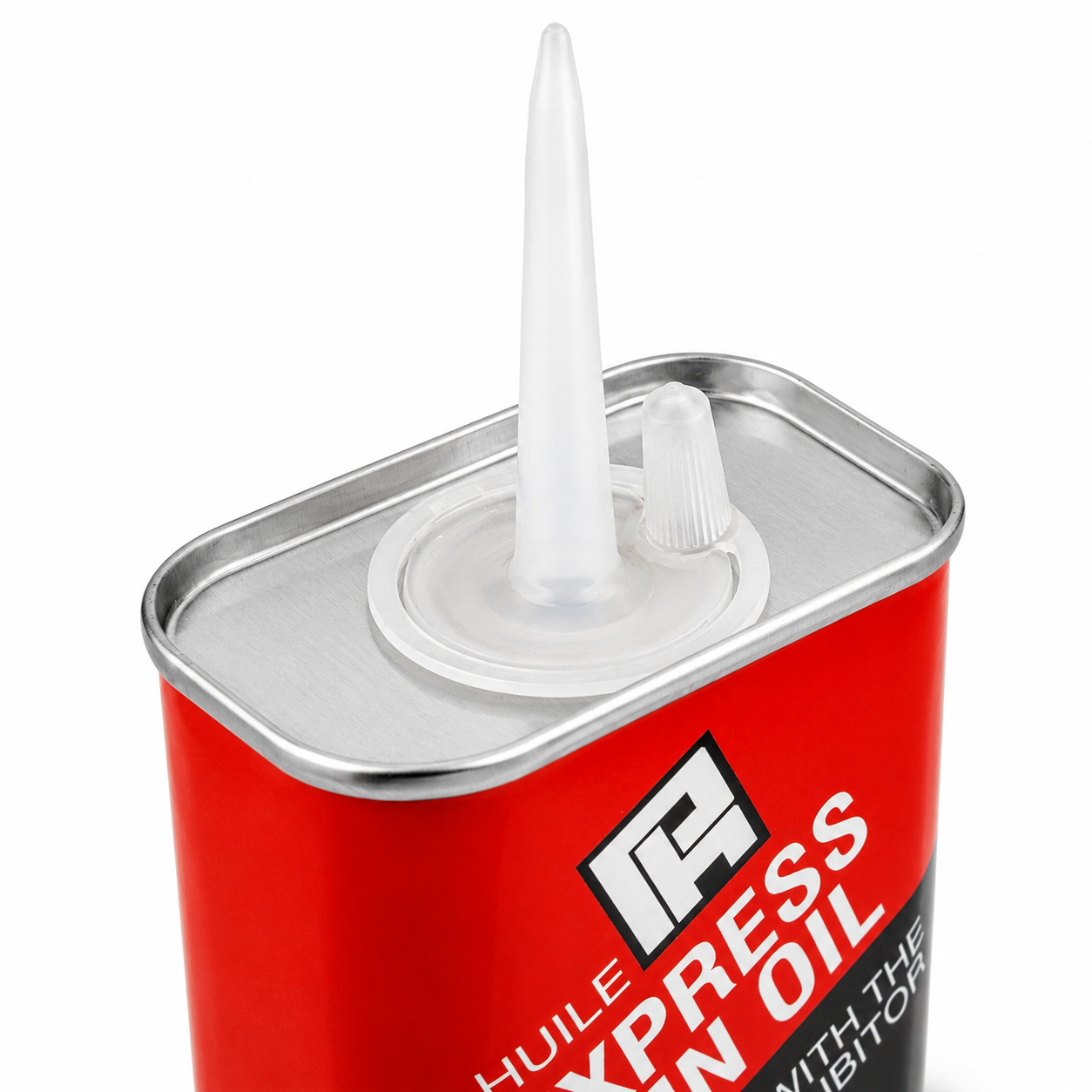 A red metal can of gun Express Oil with a white plastic nozzle and silver metal rim, shown on a white background.