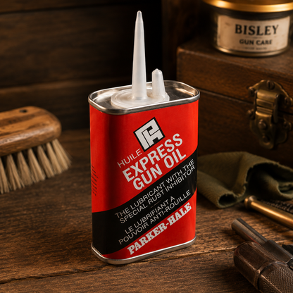 A red tin of Parker Hale Express Gun Oil with a white cap, designed for cleaning shotguns and rifles in a workshop environment.