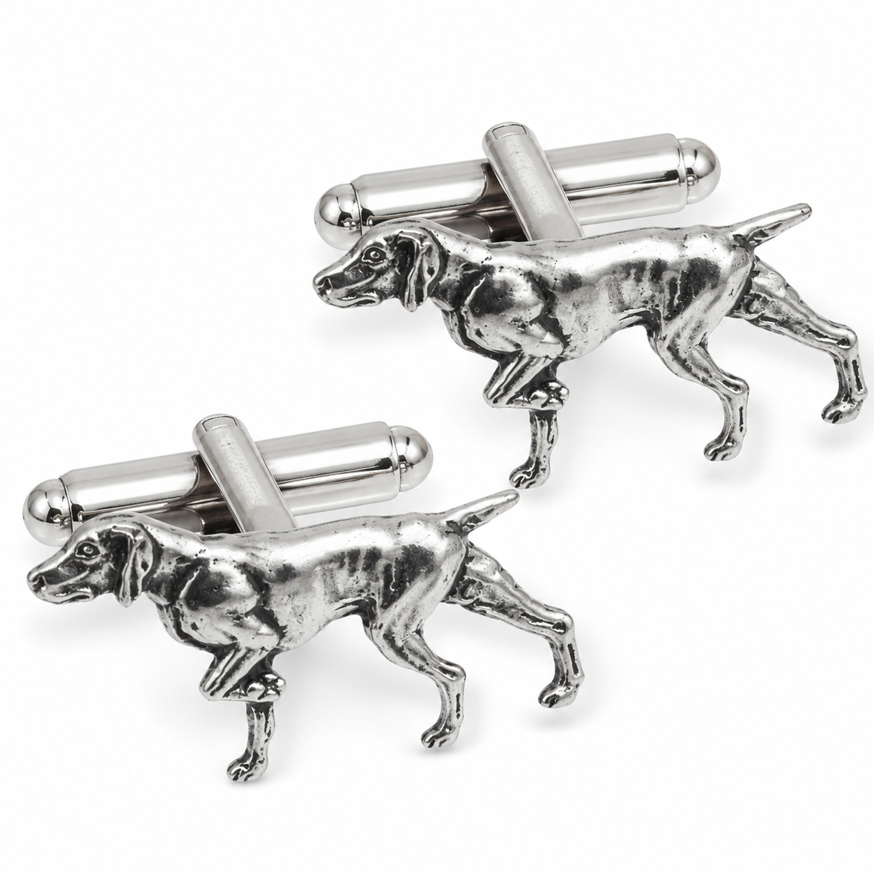 A pair of pewter metal cufflinks shaped like pointer dogs, shown on a clean white background.