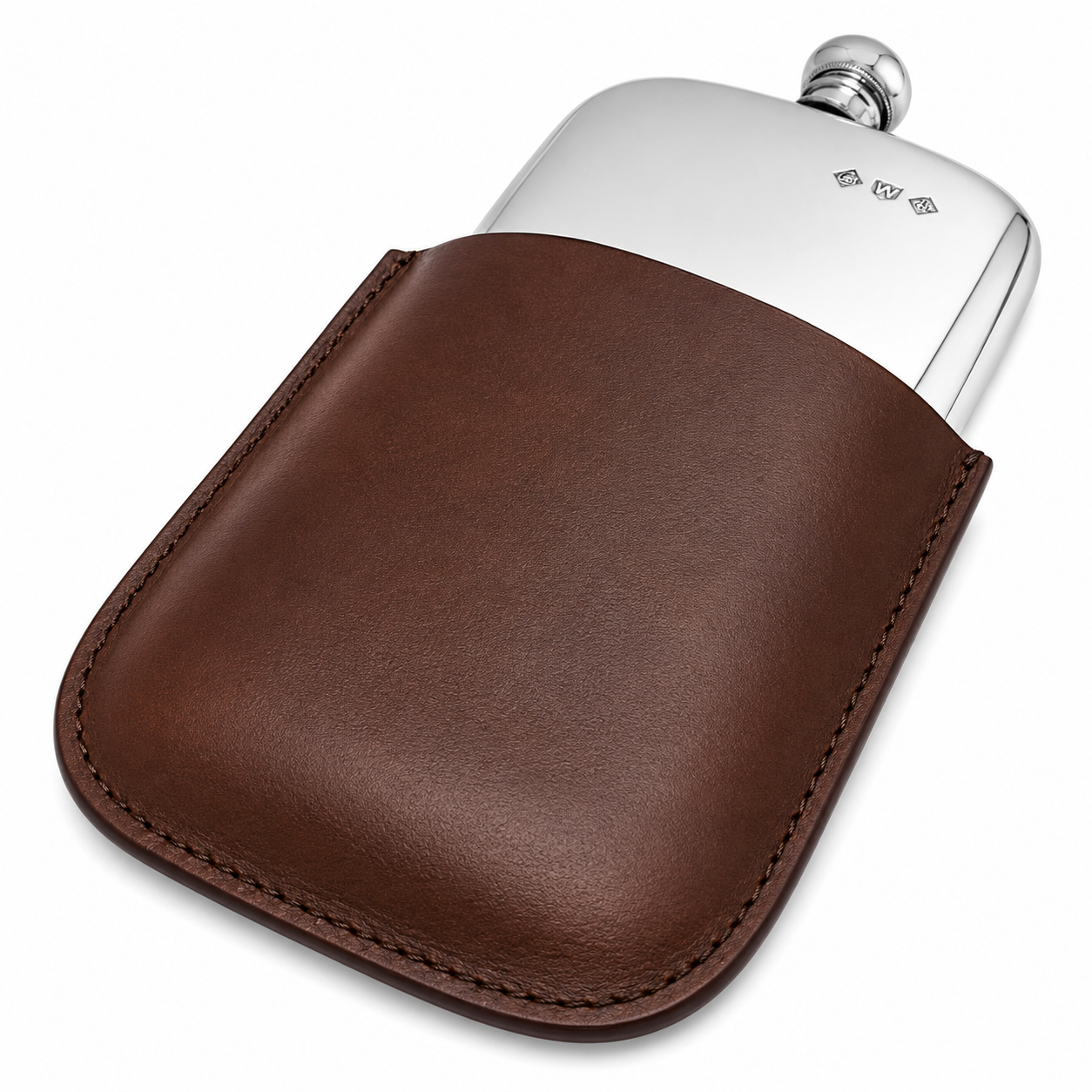 A silver metal flask partially tucked into a brown leather sleeve with visible stitching, photographed on a clean white background.