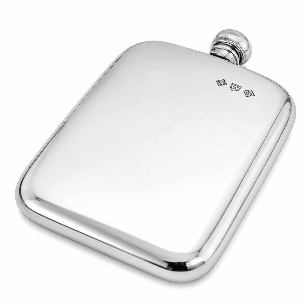 A polished silver metal hip flask with rounded corners and a small engraved monogram near the top, shown on a clean white background.