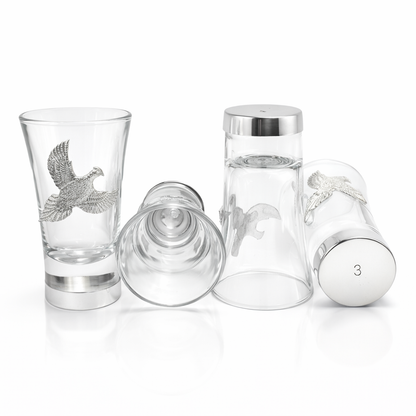 Pheasant shot glasses with numbered bases showing on white background