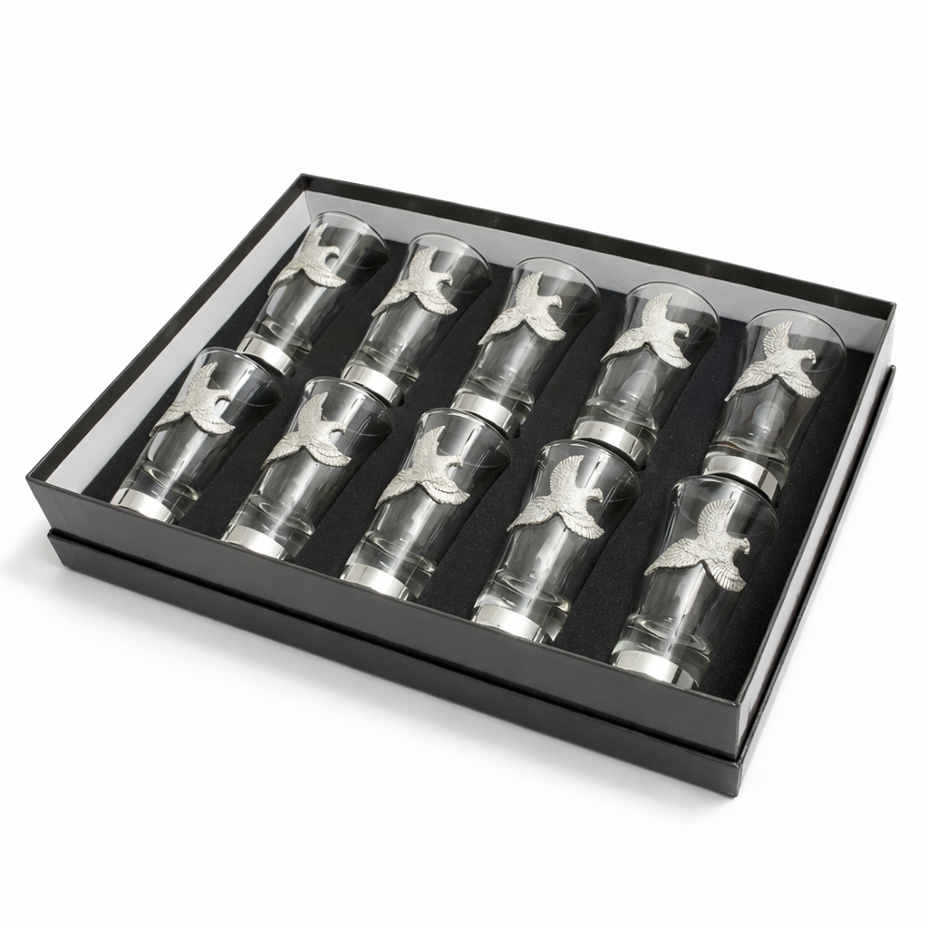 pheasant 1-10 shot glass set in gift box on white background