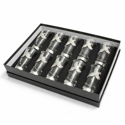 pheasant 1-10 shot glass set in gift box on white background