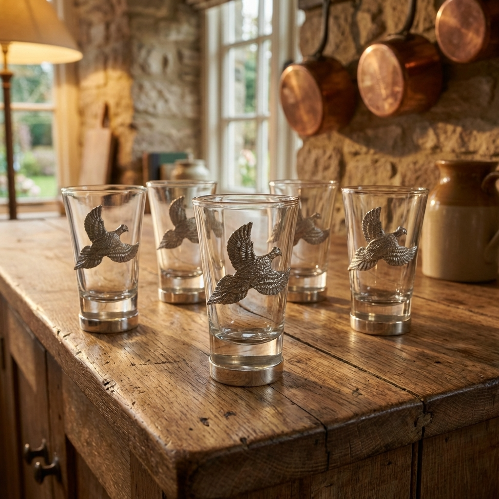 pheasant shot glass set in country kitchen