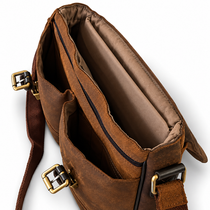 A close-up of a brown leather messenger bag shown open, displaying its interior compartments, padded lining, and brass-tone hardware against a white background.