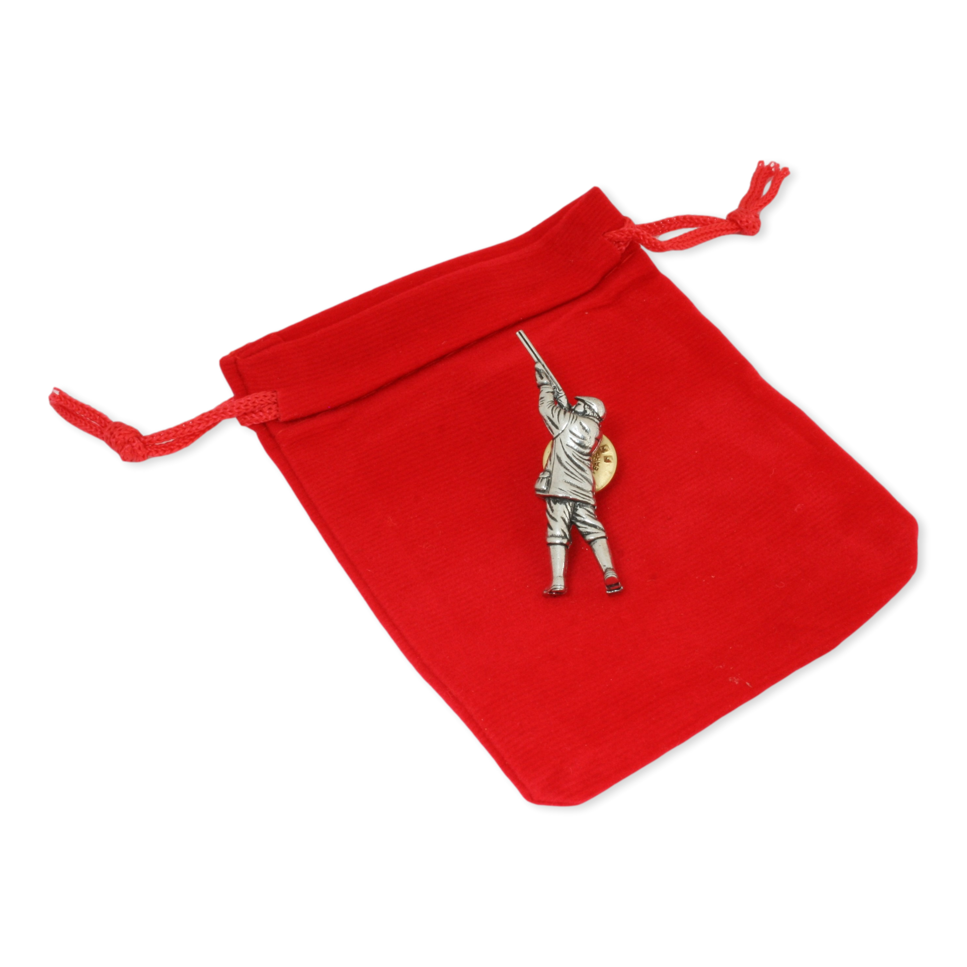 Game shooter lapel pin badge on red pouch