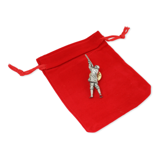 Game shooter lapel pin badge on red pouch