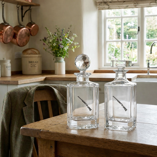 Shotgun style decanters in a country kitchen