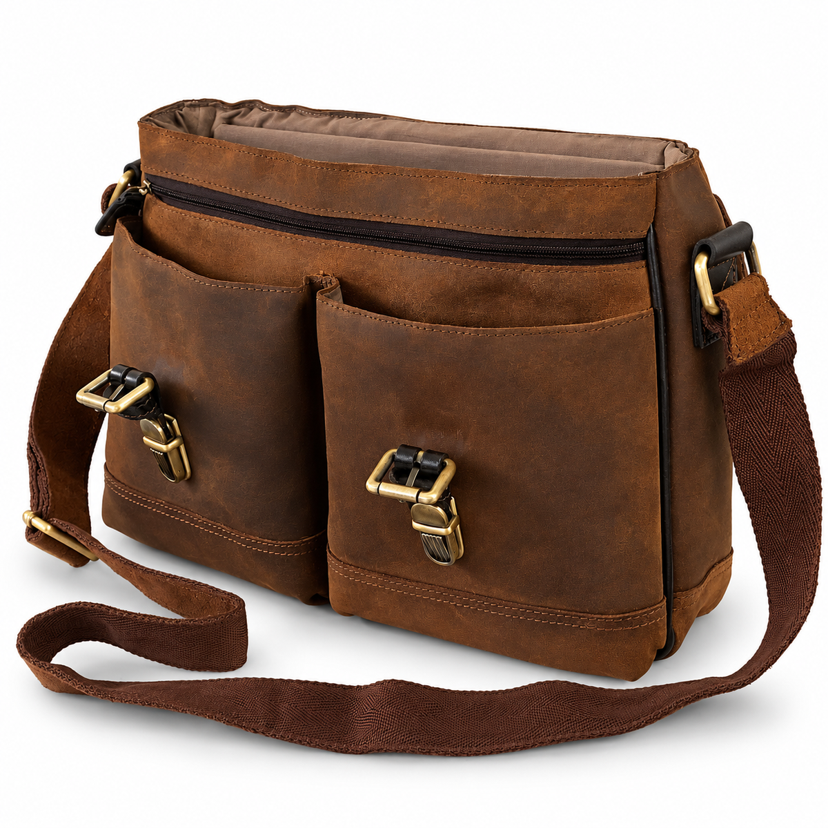 A brown leather messenger bag with two front utility pockets, gold-tone buckle closures, a top zippered compartment, and a matching adjustable shoulder strap, shown on a white background.