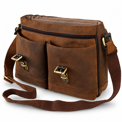A brown leather messenger bag with two front utility pockets, gold-tone buckle closures, a top zippered compartment, and a matching adjustable shoulder strap, shown on a white background.