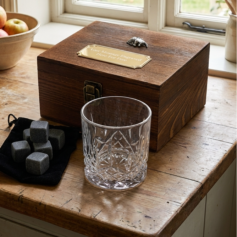 Spaniel & Pheasant Tumbler and Whiskey Stone Set In Personalised Wooden Gift Box