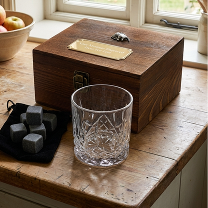 Spaniel & Pheasant Tumbler and Whiskey Stone Set In Personalised Wooden Gift Box