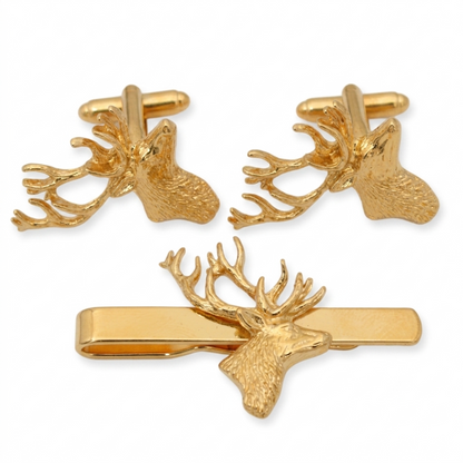 Gold Plated Stag Cufflinks & Tie Clip Set on white background