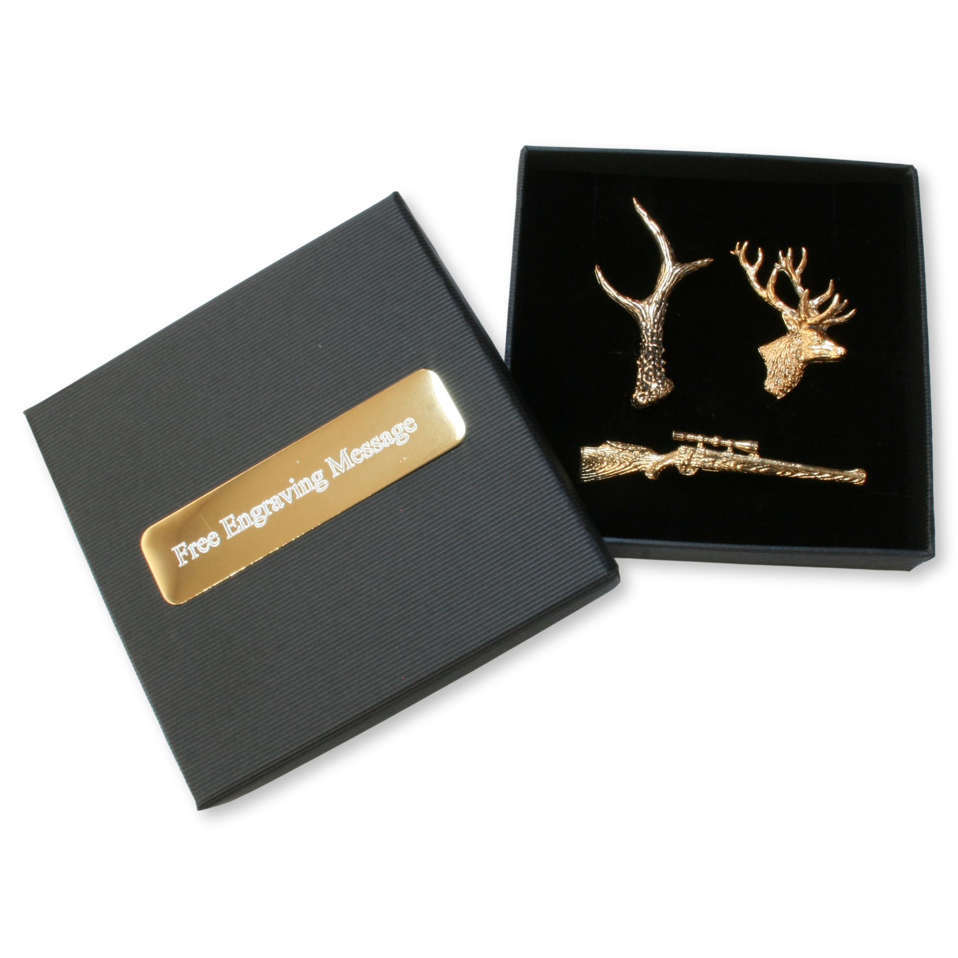 stag hunting gold pin badges boxed