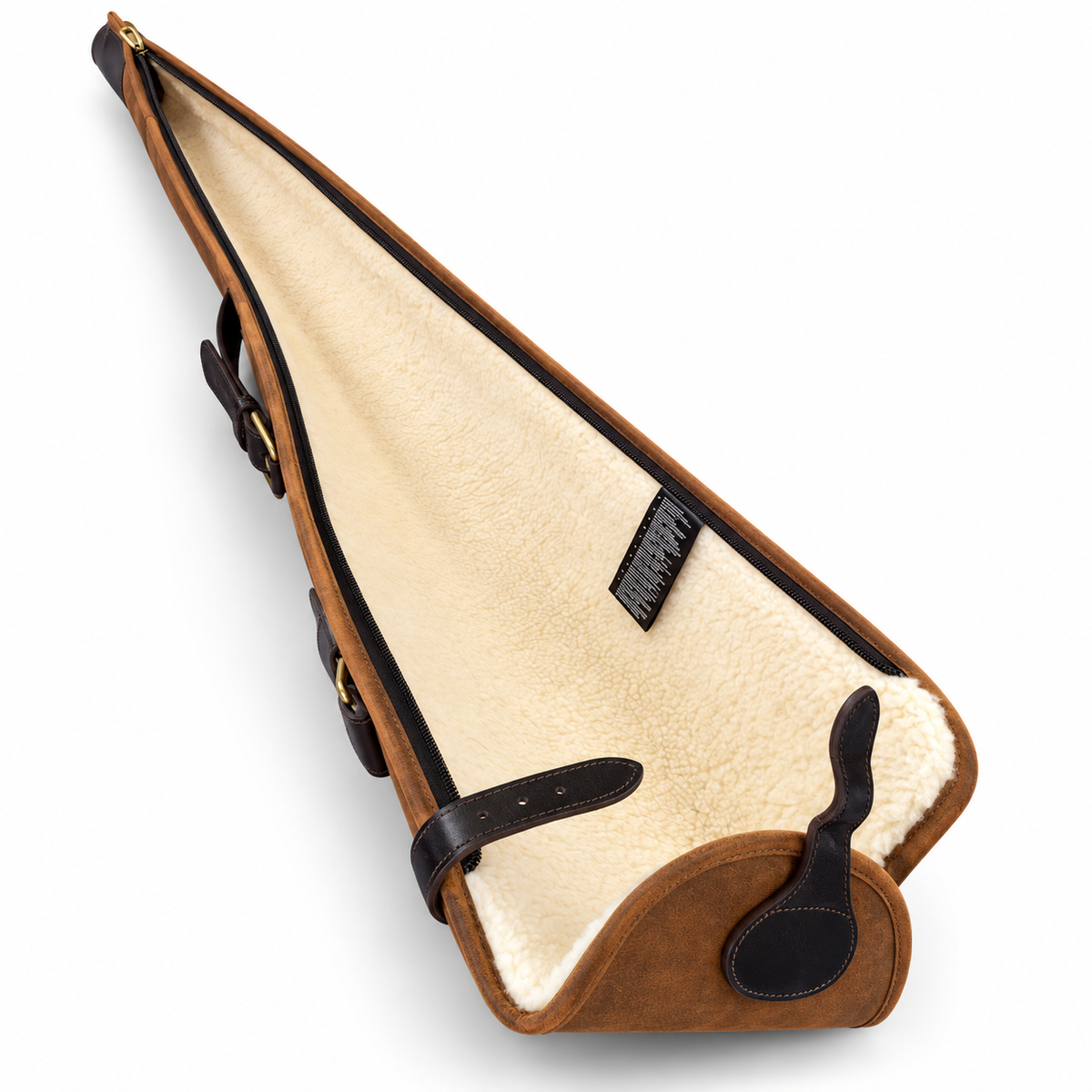 A brown leather gun case with a cream sherpa lining, shown diagonally on a white background.