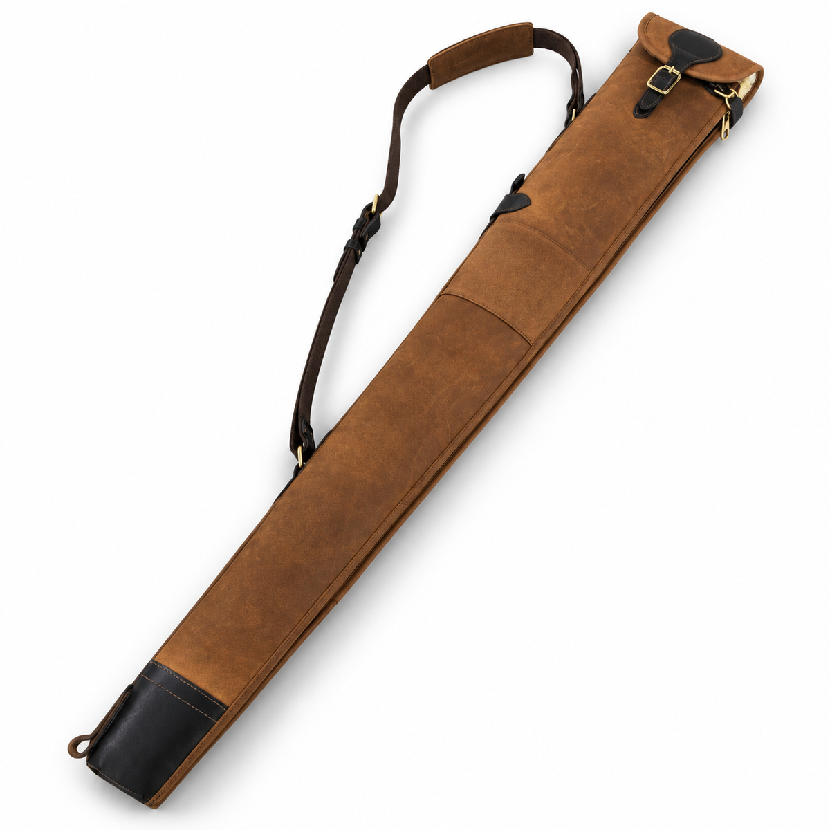 A brown leather rifle case with a matching shoulder strap, shown diagonally on a plain white background.
