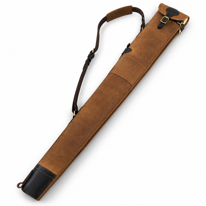 A brown leather rifle case with a matching shoulder strap, shown diagonally on a plain white background.