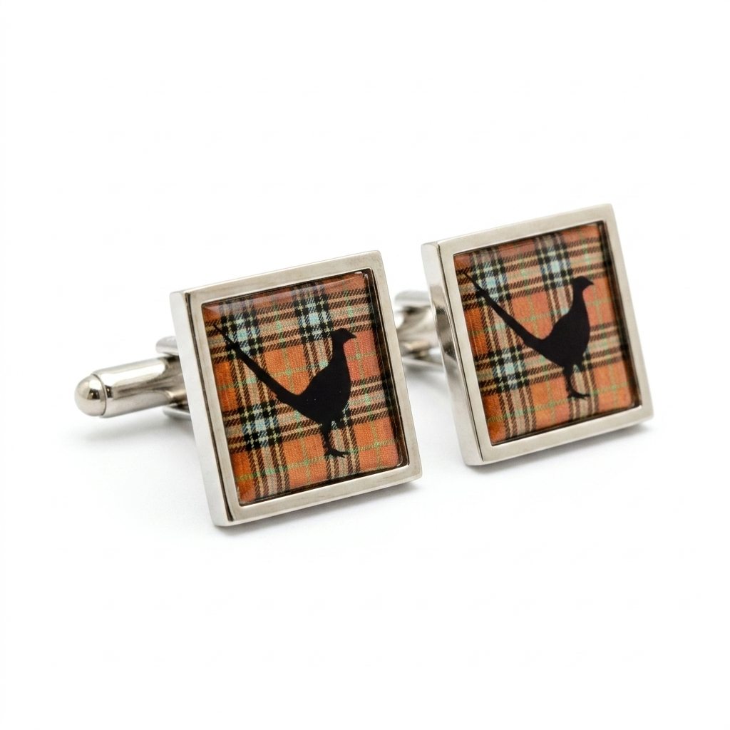 Tartan Pheasant design cufflinks on white background