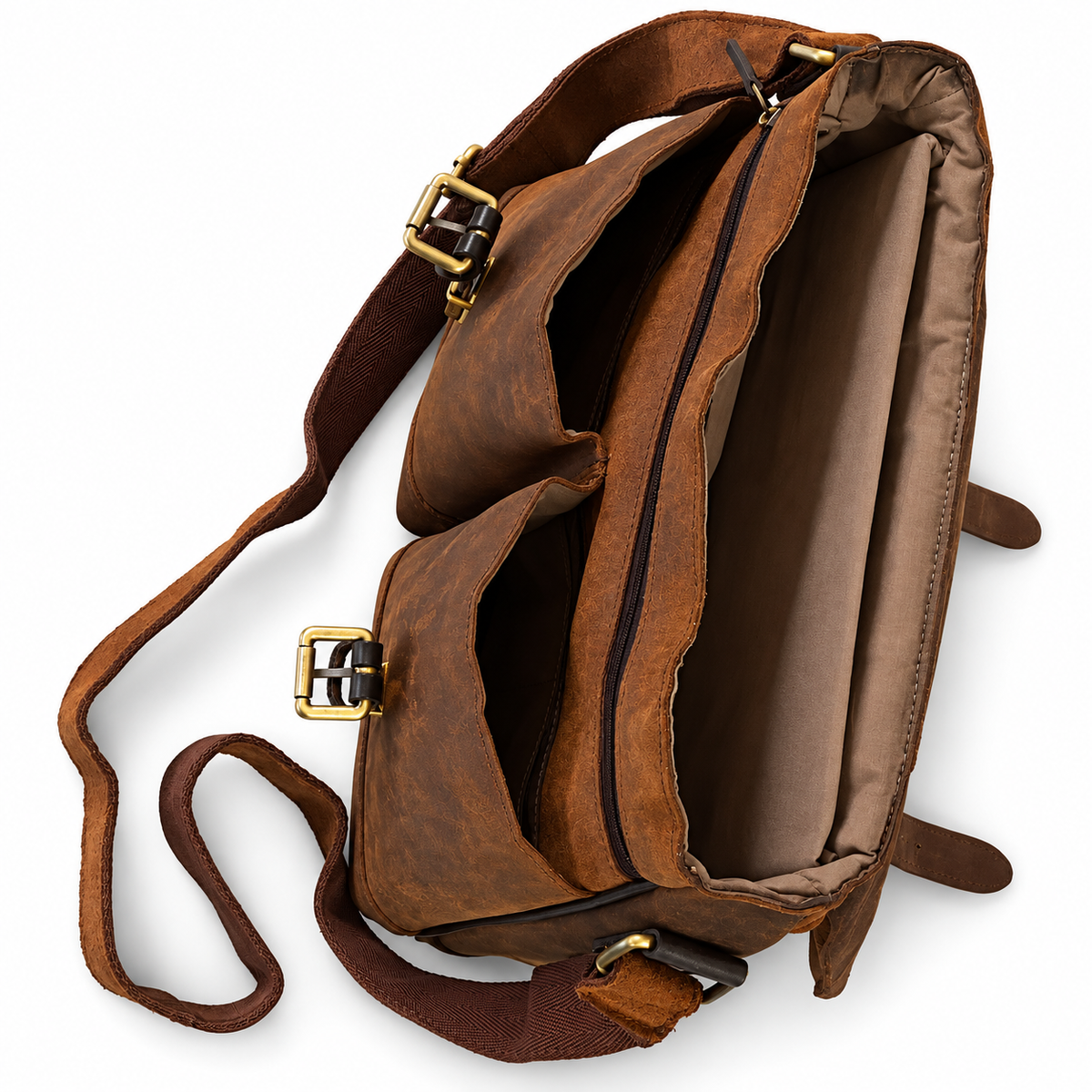 A brown leather shoulder bag shown open from a top-down angle, revealing multiple interior compartments, a long shoulder strap, and gold-tone buckle hardware on a white background.