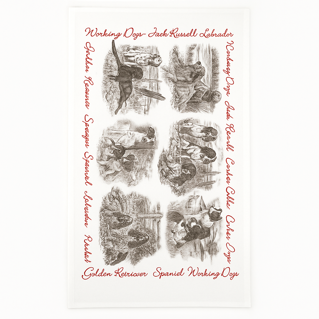 Hunting Scene or Working Dogs Design Tea Towel
