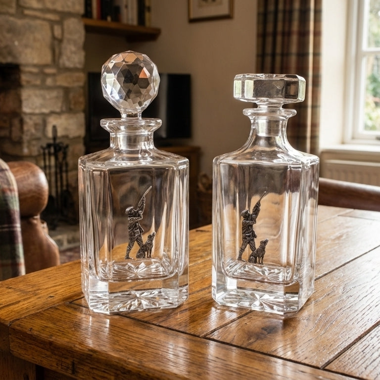 Two crystal glass decanters with game shooter pewter motif figures on a wooden table.