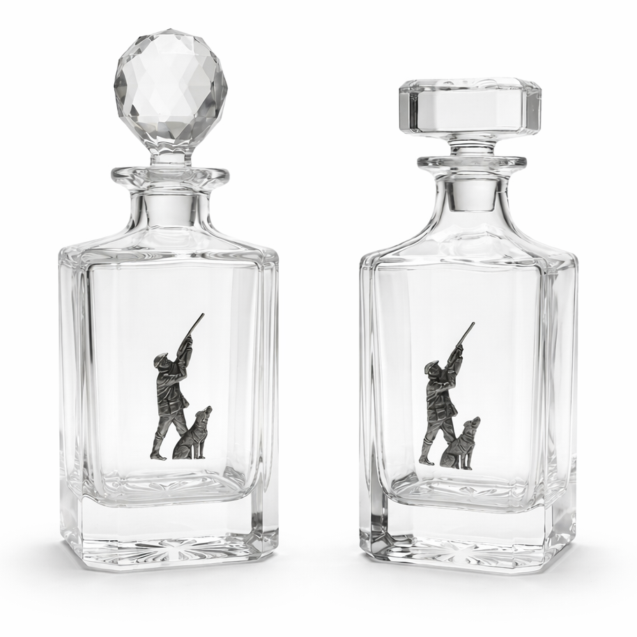 Two clear glass decanters with hunting scene engravings on a white background