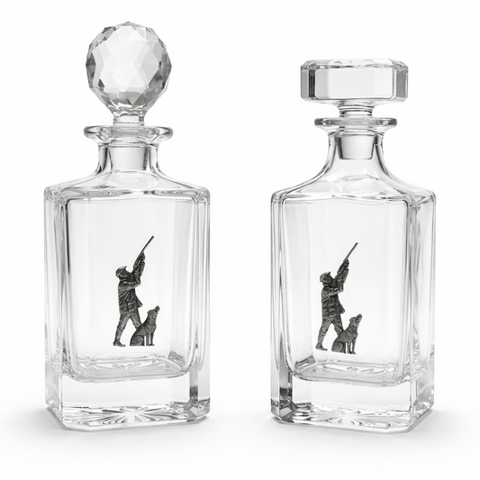 Two clear glass decanters with hunting scene engravings on a white background