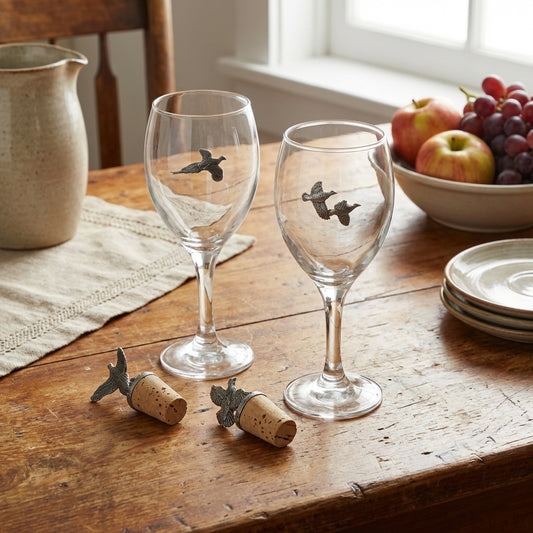 Two wine glasses with decorative cork stoppers on a wooden table with a bowl of fruit in the background.