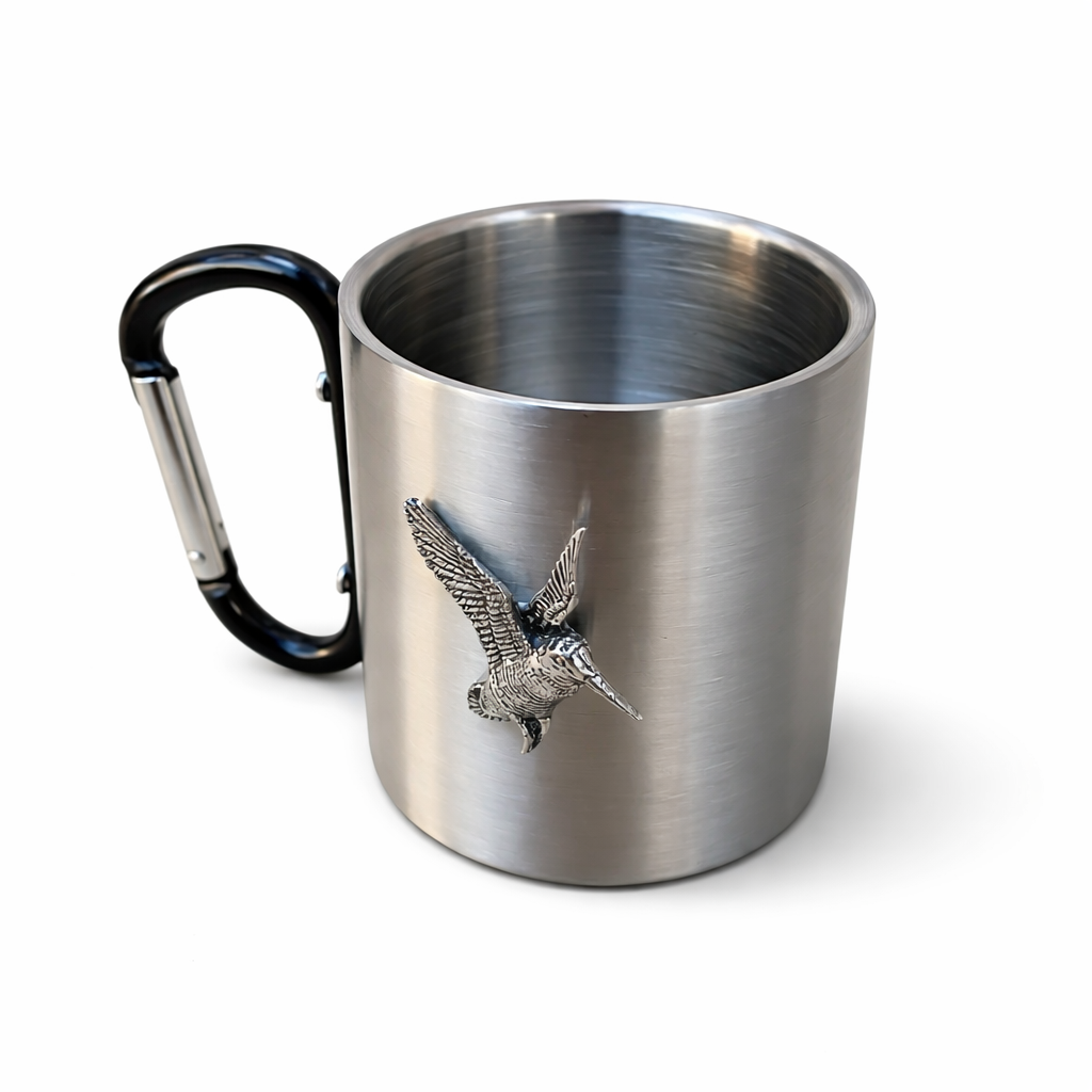 Stainless steel mug with black carabiner handle and woodcock emblem on a white background