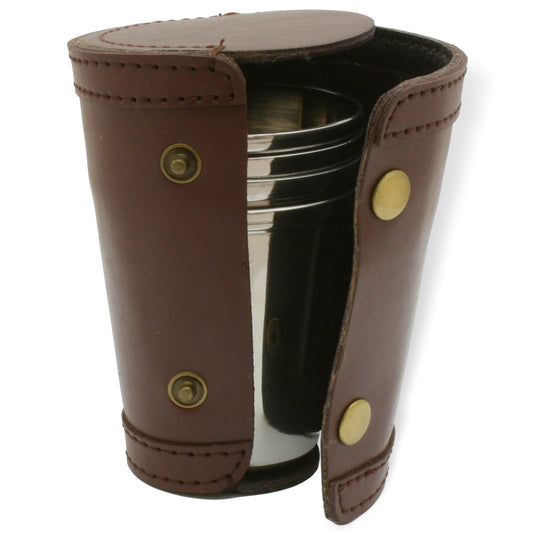 4 stacking cups in leather popper case
