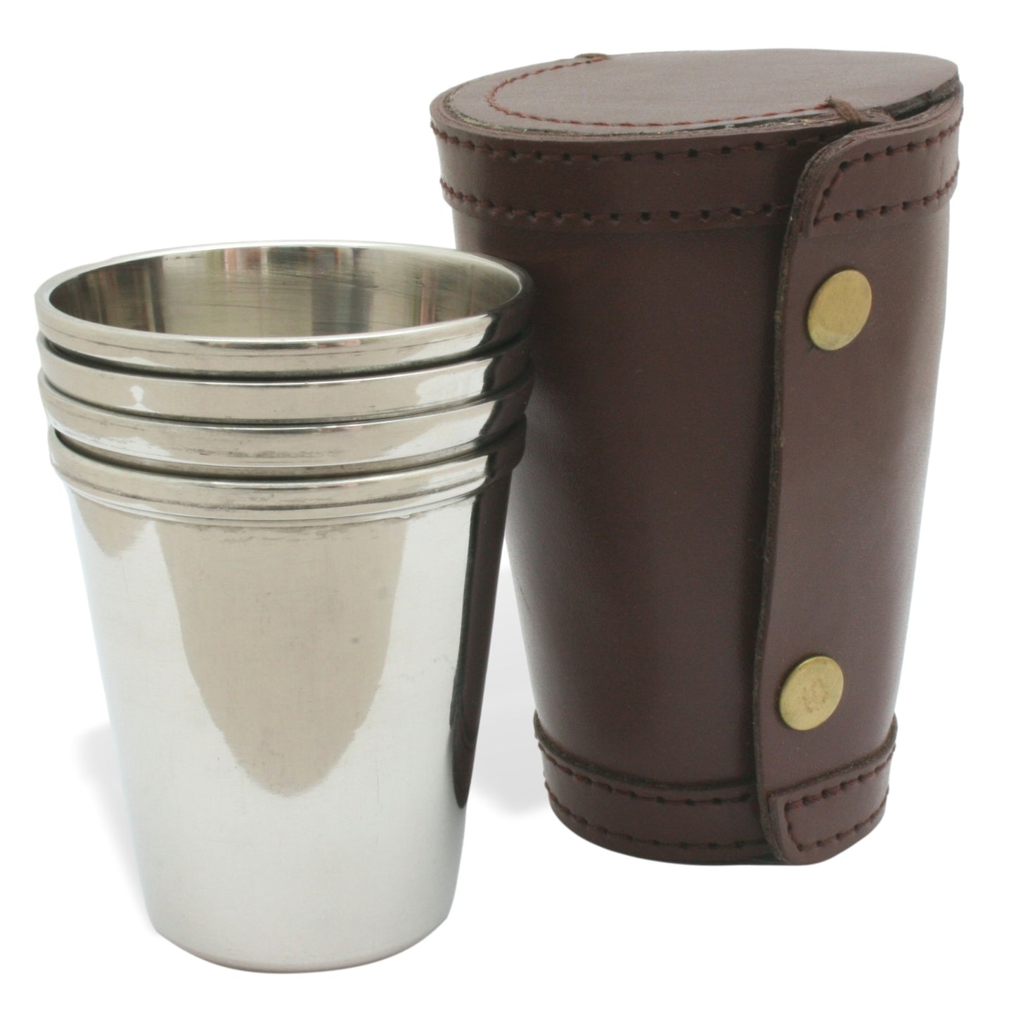 4 stacking cups with a leather popper case