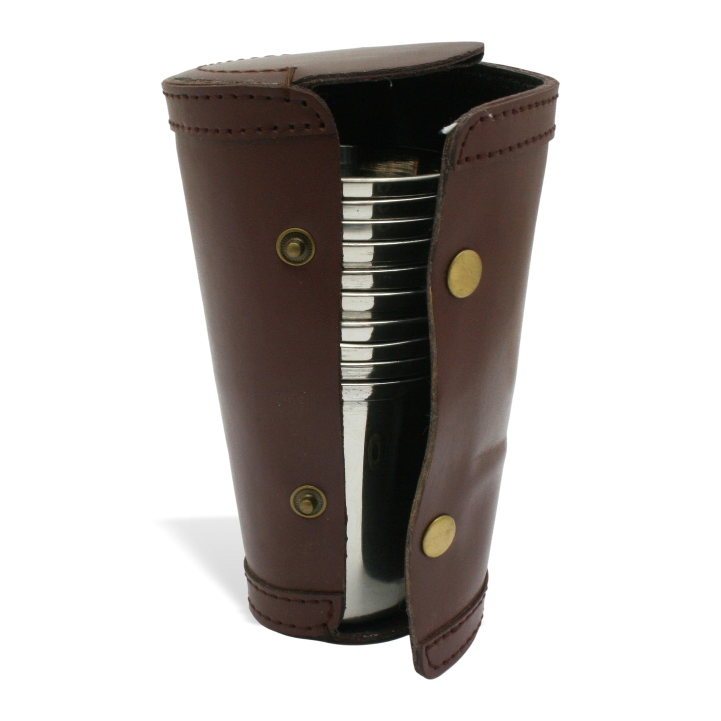 1-10 Numbered Stirrup Cups Steel Stacked In Brown Leather Case (4oz)