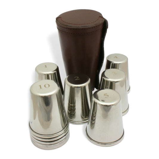 1-10 Numbered Stirrup Cups Steel Stacked In Brown Leather Case (4oz)