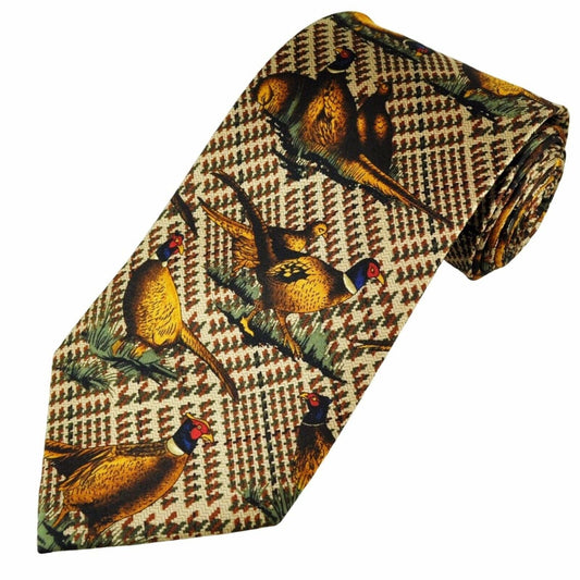 Luxury Brown Tweed Pheasants Tie Check Pattern Shoot Day Tie